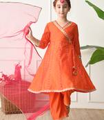 Girls orange angrakha style kurta set with pink dupatta     festive ethnic wear for girls ilksd22