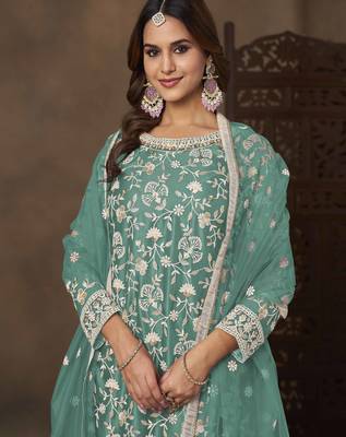 Turquoise net heavy thread embroidery with sequins work palazzo suit 3