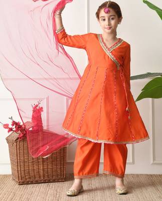 Girls orange angrakha style kurta set with pink dupatta   festive ethnic wear for girls ilksd22 2