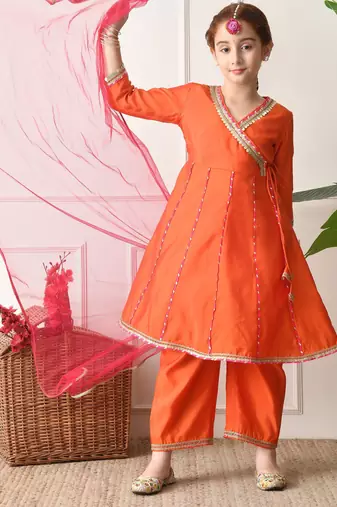 Girls orange angrakha style kurta set with pink dupatta   festive ethnic wear for girls ilksd22
