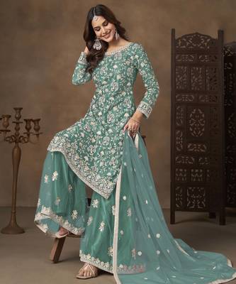 Turquoise net heavy thread embroidery with sequins work palazzo suit 5