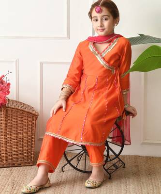 Girls orange angrakha style kurta set with pink dupatta   festive ethnic wear for girls ilksd22 3