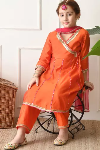 Girls orange angrakha style kurta set with pink dupatta   festive ethnic wear for girls ilksd22