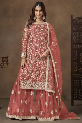 Salmon net heavy thread embroidery with sequins work palazzo suit
