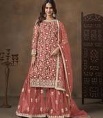 Salmon net heavy thread embroidery with sequins work palazzo suit