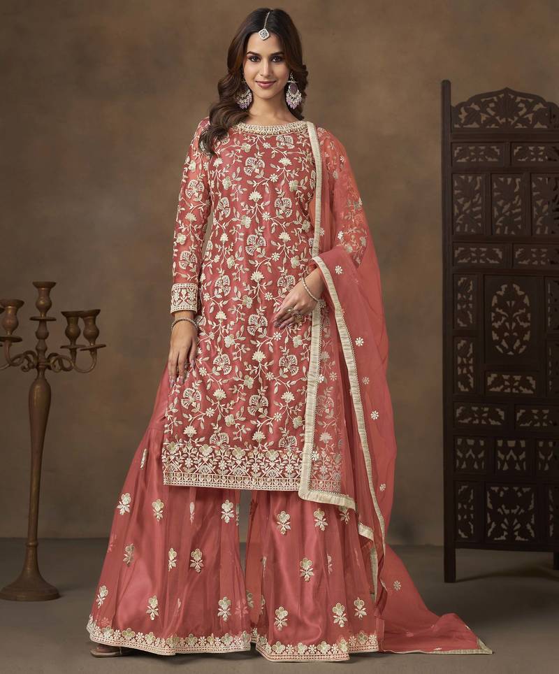 Salmon net heavy thread embroidery with sequins work palazzo suit