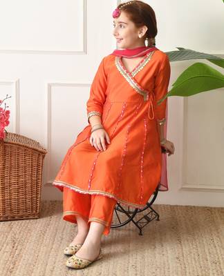 Girls orange angrakha style kurta set with pink dupatta   festive ethnic wear for girls ilksd22 4