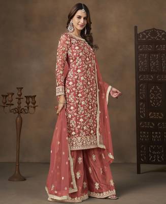 Salmon net heavy thread embroidery with sequins work palazzo suit 2