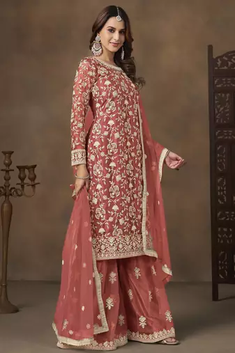 Salmon net heavy thread embroidery with sequins work palazzo suit