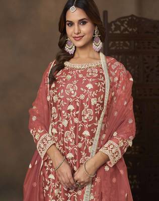 Salmon net heavy thread embroidery with sequins work palazzo suit 3