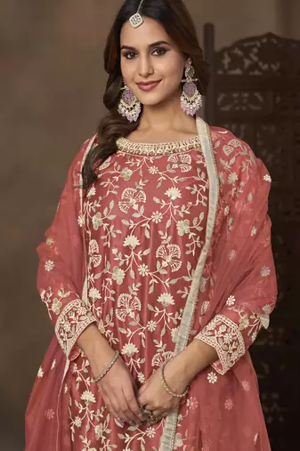 Salmon net heavy thread embroidery with sequins work palazzo suit