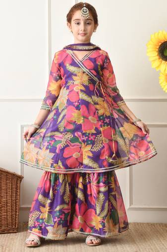 Girls purple floral angrakha style sharara set with dupatta     festive ethnic wear for girls ilksd24