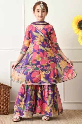 Girls purple floral angrakha style sharara set with dupatta     festive ethnic wear for girls ilksd24