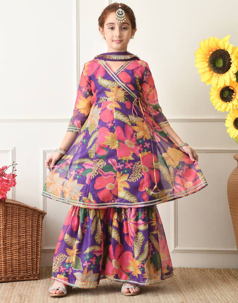 Girls purple floral angrakha style sharara set with dupatta     festive ethnic wear for girls ilksd24