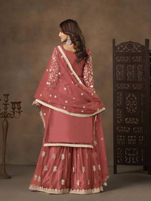 Salmon net heavy thread embroidery with sequins work palazzo suit 4