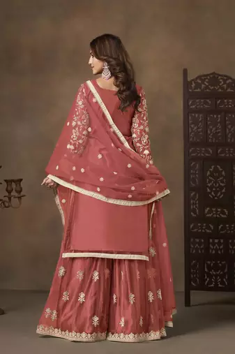 Salmon net heavy thread embroidery with sequins work palazzo suit