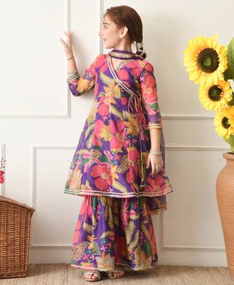 Girls purple floral angrakha style sharara set with dupatta     festive ethnic wear for girls ilksd24 2