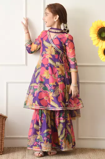 Girls purple floral angrakha style sharara set with dupatta     festive ethnic wear for girls ilksd24