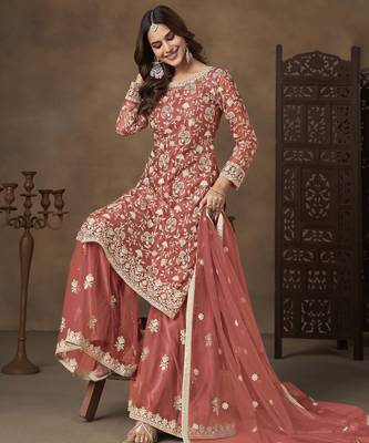 Salmon net heavy thread embroidery with sequins work palazzo suit 5