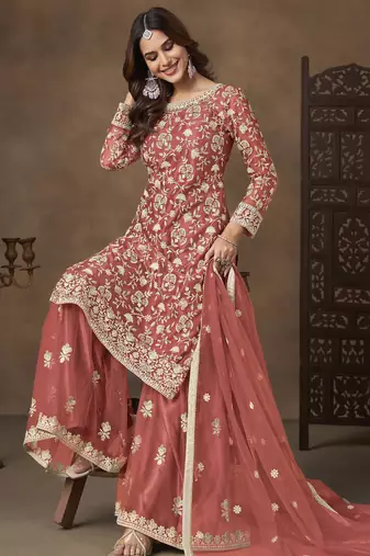 Salmon net heavy thread embroidery with sequins work palazzo suit