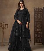 Black net heavy thread embroidery with sequins work sharara suit