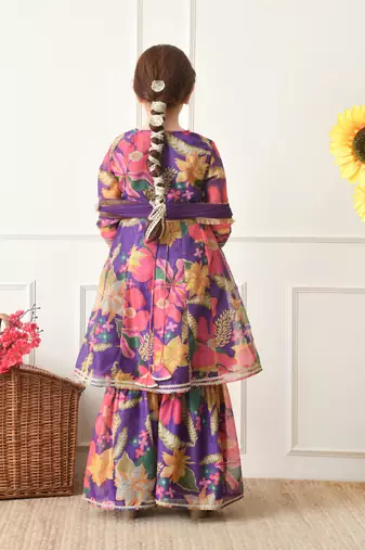 Girls purple floral angrakha style sharara set with dupatta     festive ethnic wear for girls ilksd24