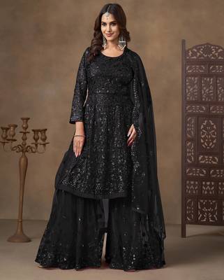 Black net heavy thread embroidery with sequins work sharara suit 2