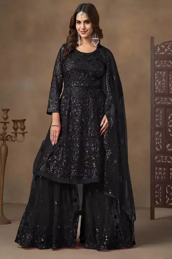 Black net heavy thread embroidery with sequins work sharara suit