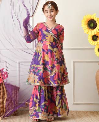 Girls purple floral angrakha style sharara set with dupatta     festive ethnic wear for girls ilksd24 4