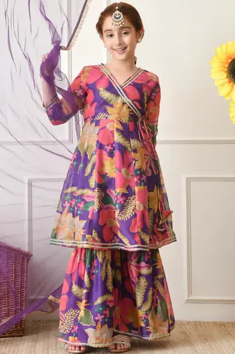Girls purple floral angrakha style sharara set with dupatta     festive ethnic wear for girls ilksd24