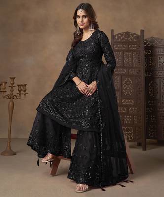 Black net heavy thread embroidery with sequins work sharara suit 3