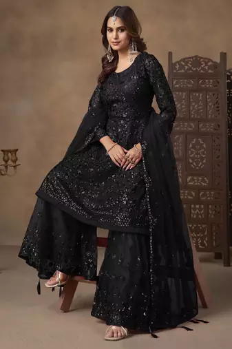 Black net heavy thread embroidery with sequins work sharara suit
