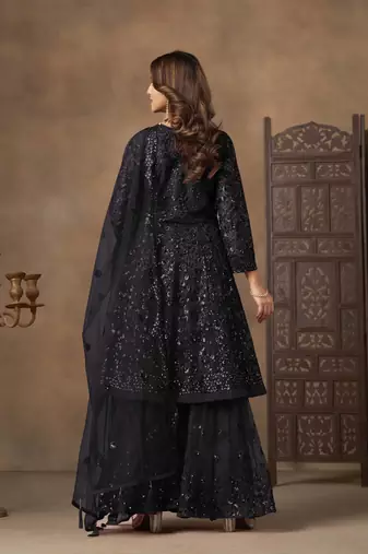 Black net heavy thread embroidery with sequins work sharara suit