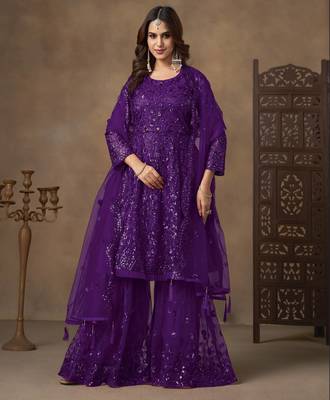 Violet net heavy thread embroidery with sequins work sharara suit 1