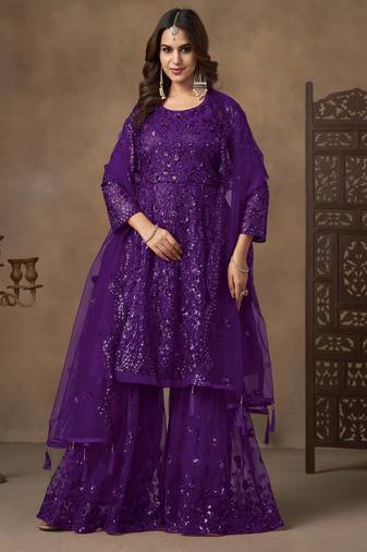 Violet net heavy thread embroidery with sequins work sharara suit