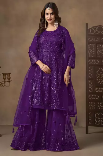 Violet net heavy thread embroidery with sequins work sharara suit