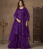 Violet net heavy thread embroidery with sequins work sharara suit