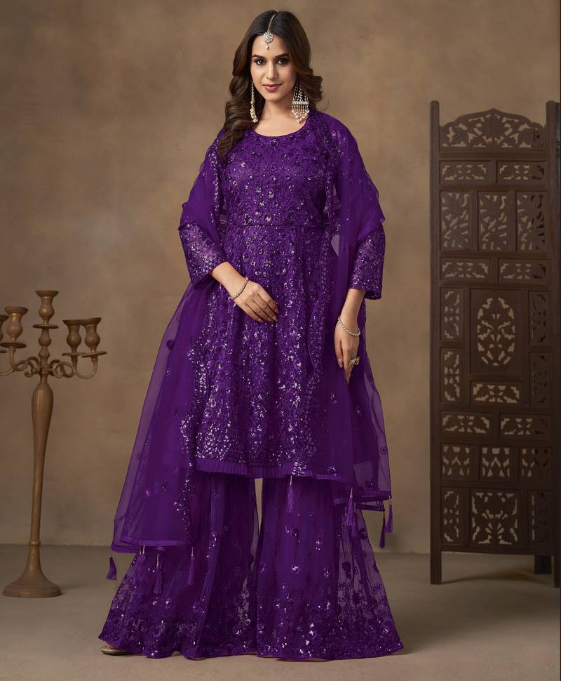 Violet net heavy thread embroidery with sequins work sharara suit