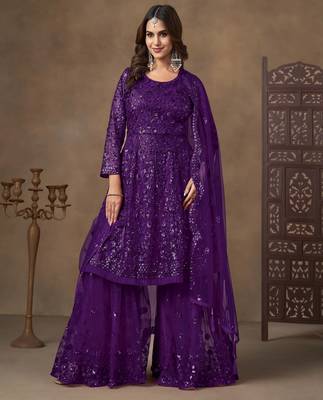 Violet net heavy thread embroidery with sequins work sharara suit 2