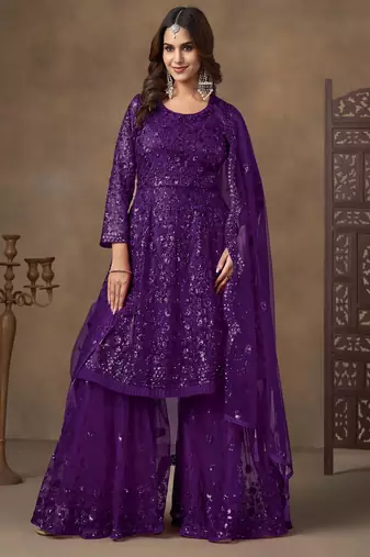 Violet net heavy thread embroidery with sequins work sharara suit