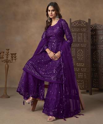 Violet net heavy thread embroidery with sequins work sharara suit 3