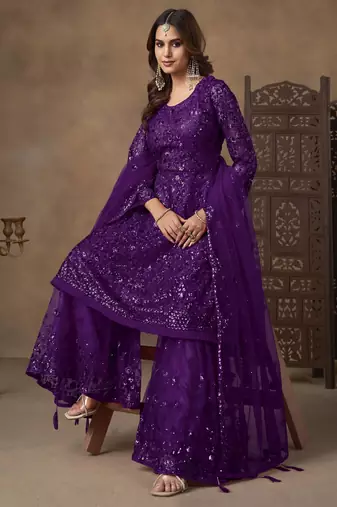 Violet net heavy thread embroidery with sequins work sharara suit