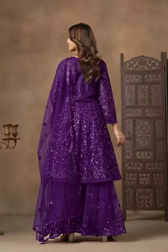 Violet net heavy thread embroidery with sequins work sharara suit