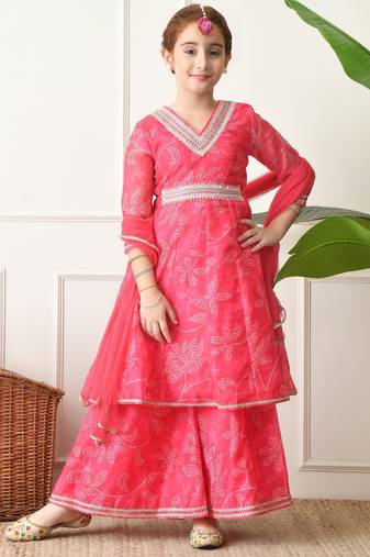 Girls pink bandhani printed layered sharara set with dupatta ilksd27