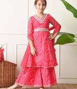 Girls pink bandhani printed layered sharara set with dupatta ilksd27