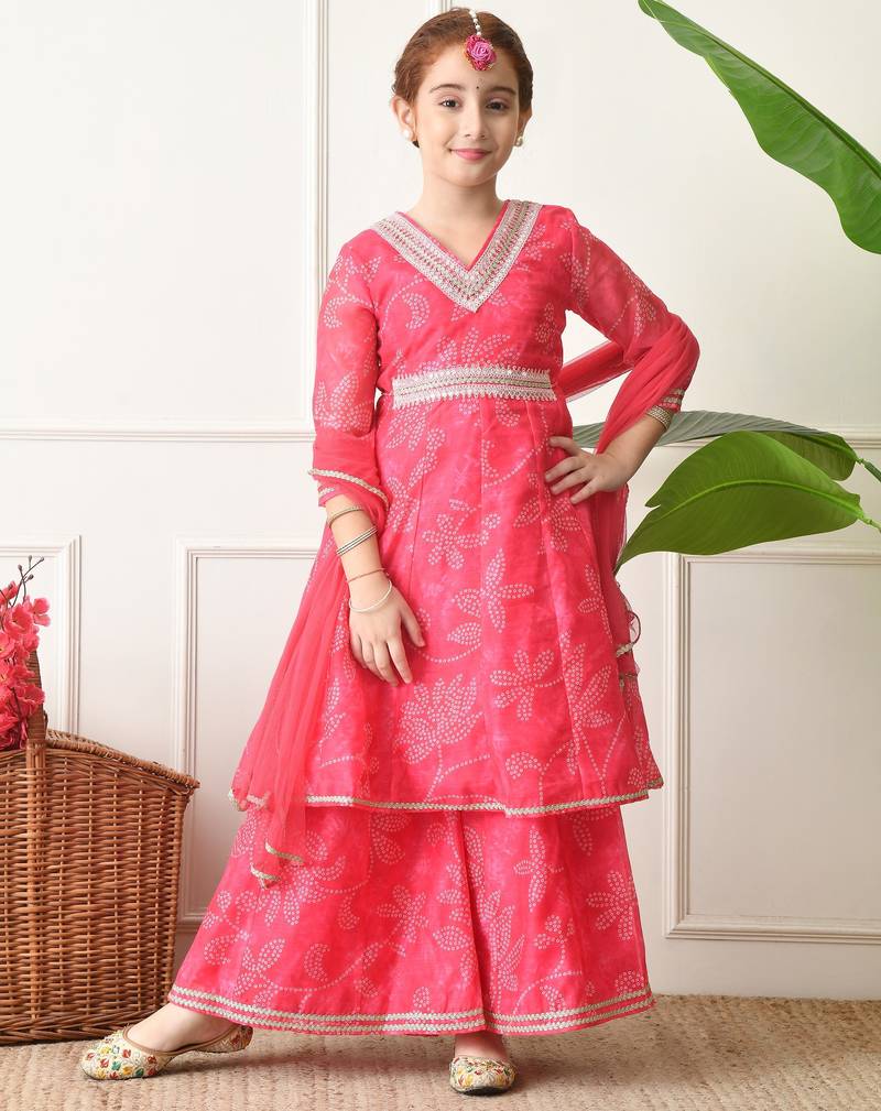 Girls pink bandhani printed layered sharara set with dupatta ilksd27