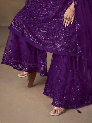 Violet net heavy thread embroidery with sequins work sharara suit 5