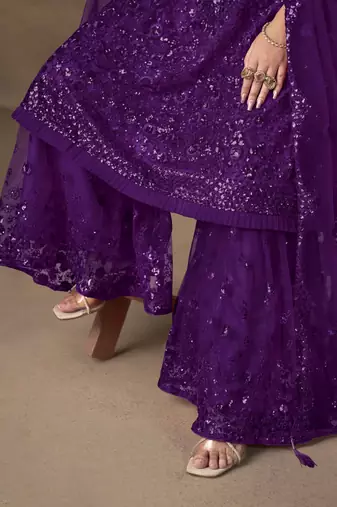 Violet net heavy thread embroidery with sequins work sharara suit