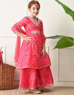Girls pink bandhani printed layered sharara set with dupatta ilksd27 2