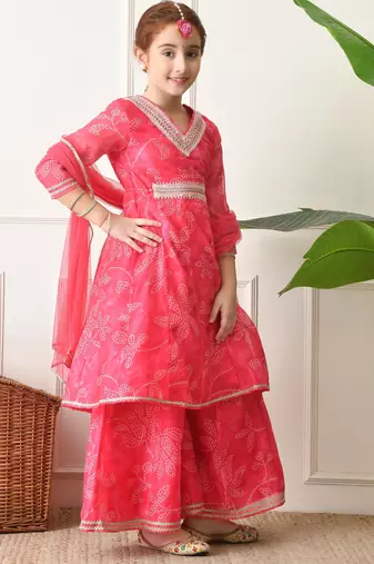 Girls pink bandhani printed layered sharara set with dupatta ilksd27